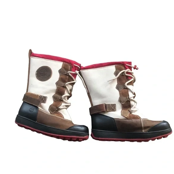 Timberland Girls Winter Boots Sz 4 Pink Cream Brown Sherpa Lined Waterproof - Picture 2 of 10